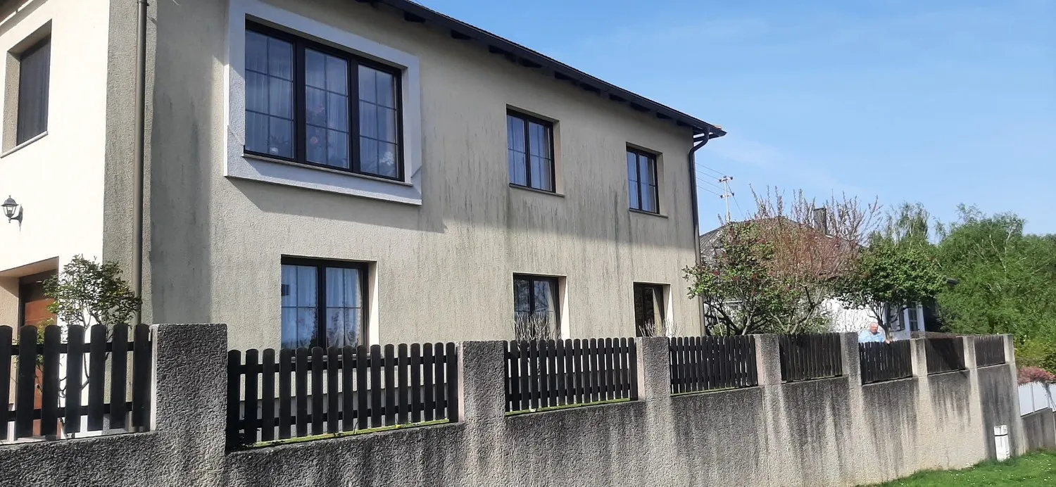 Hausfassade vor der Reinigung: grauer Belag und dunkle Schlieren am Putz